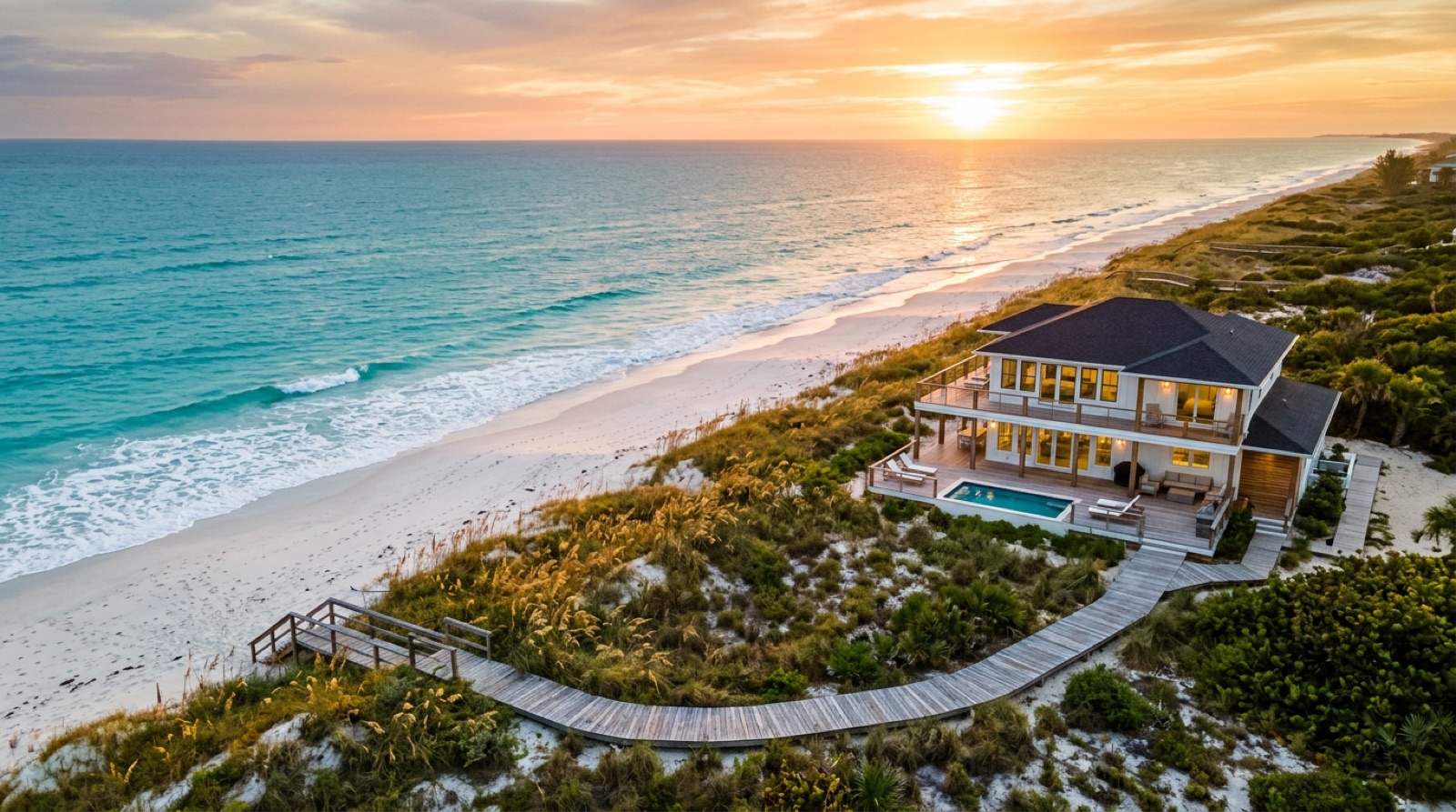 The house on the dune line at sunset