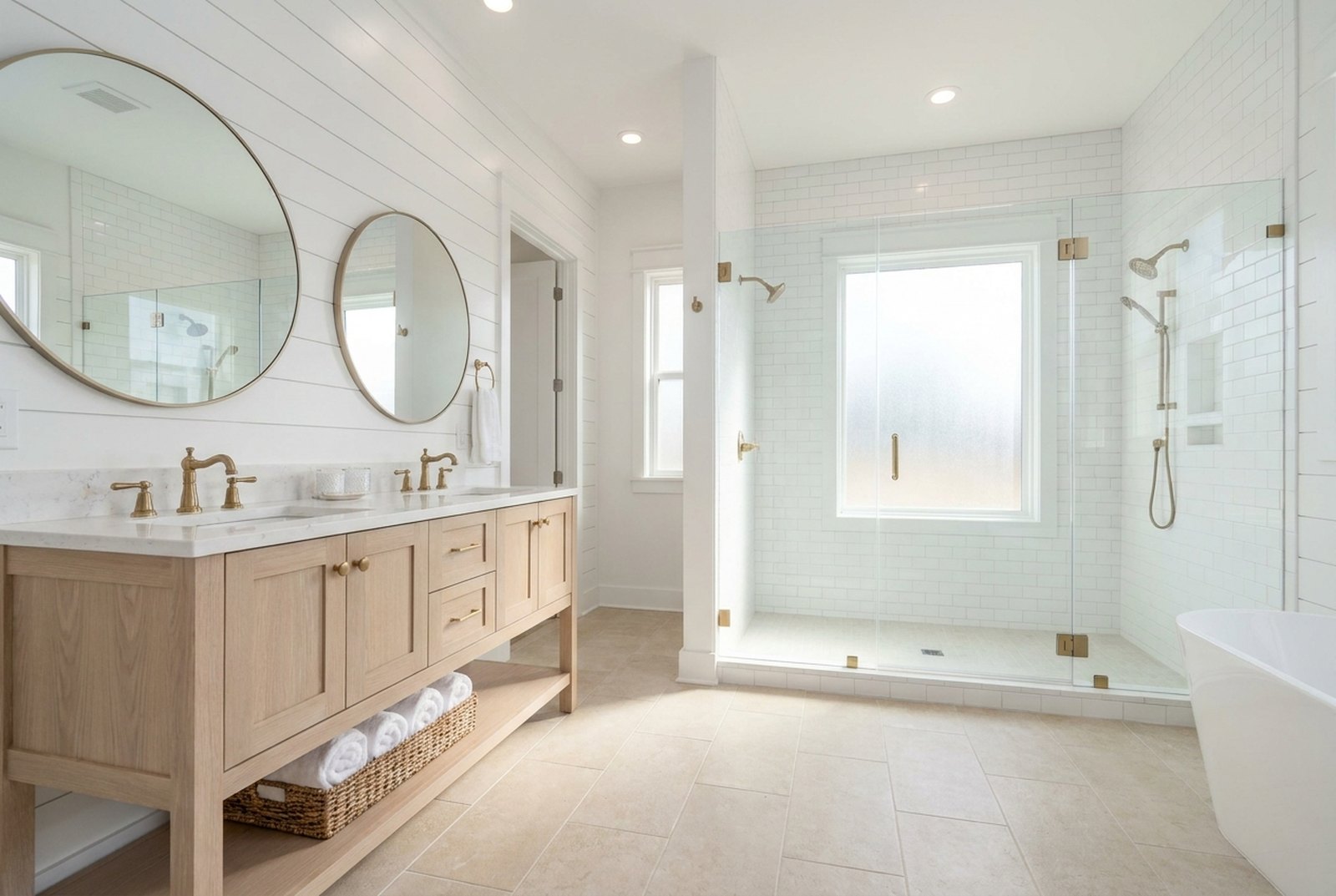The primary bathroom, double vanity and walk in shower