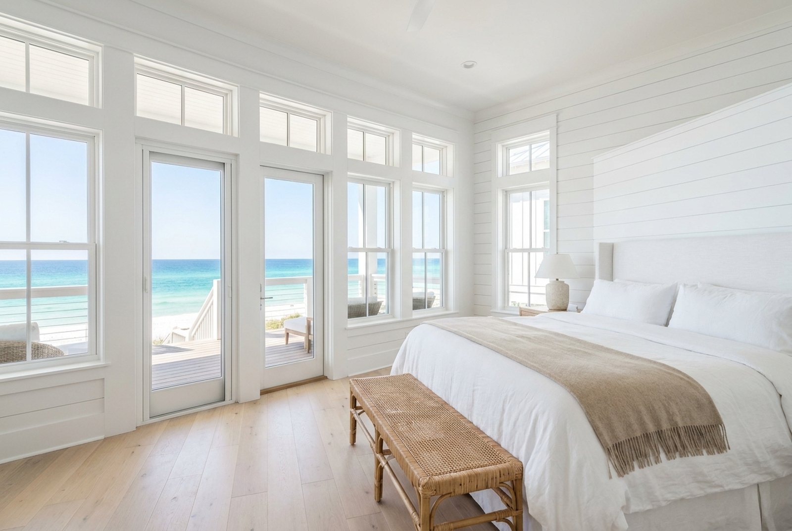 The primary bedroom, opening onto the deck