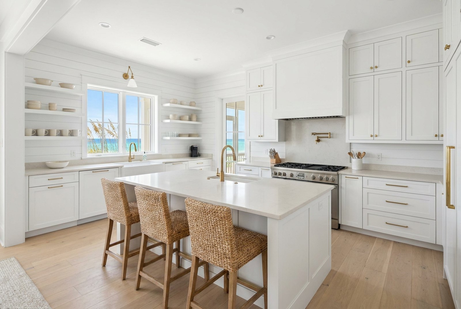 The kitchen, with an island and seating for three