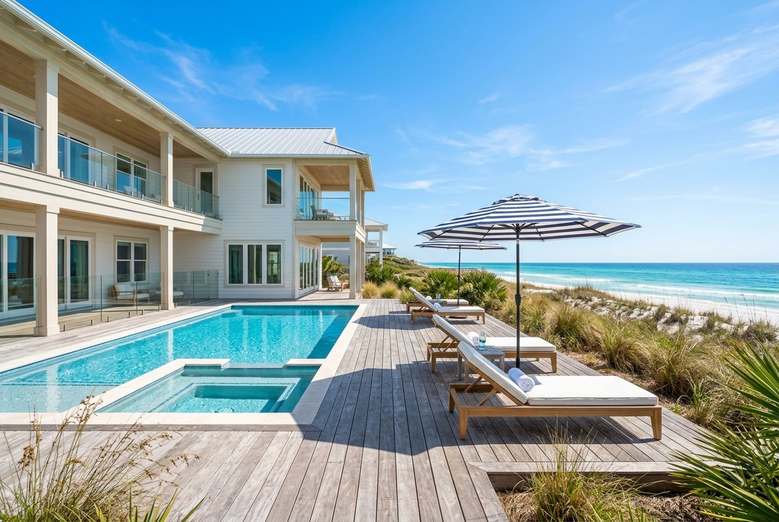 The heated pool and hot tub on the deck, with the Gulf beyond